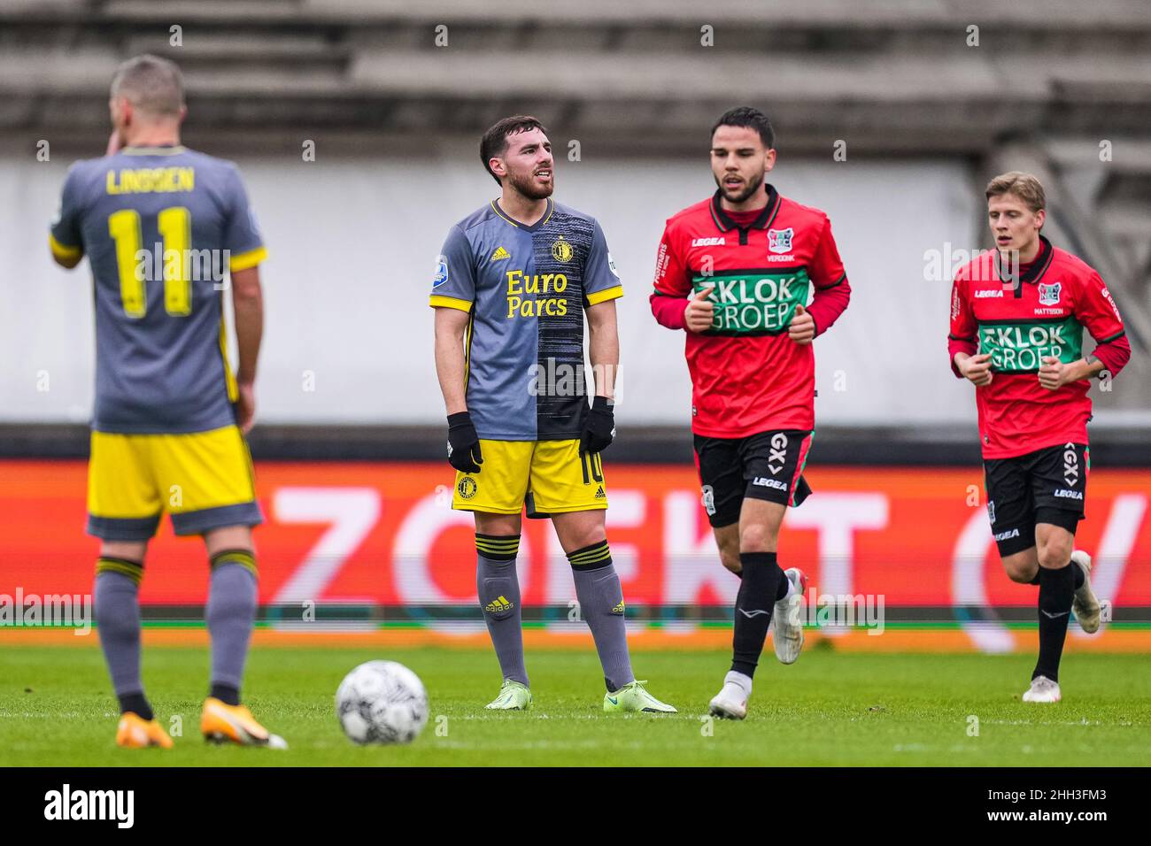 Nijmegen - Bryan Linssen of Feyenoord reacts after the 1-0 made by Lasse Schone of NEC during the match between NEC v Feyenoord at Goffertstadion on 2 Stock Photo