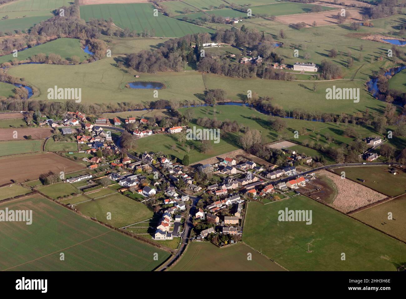 aerial view of Nun Monkton village with Beningbrough Hall & Park in the