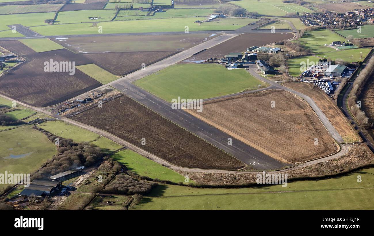 Aerial view of Rufforth Airfield, with 'Rufforth Airfield' East in the foreground, and RA West in the top left of shot. Twixt Wetherby & York. Stock Photo