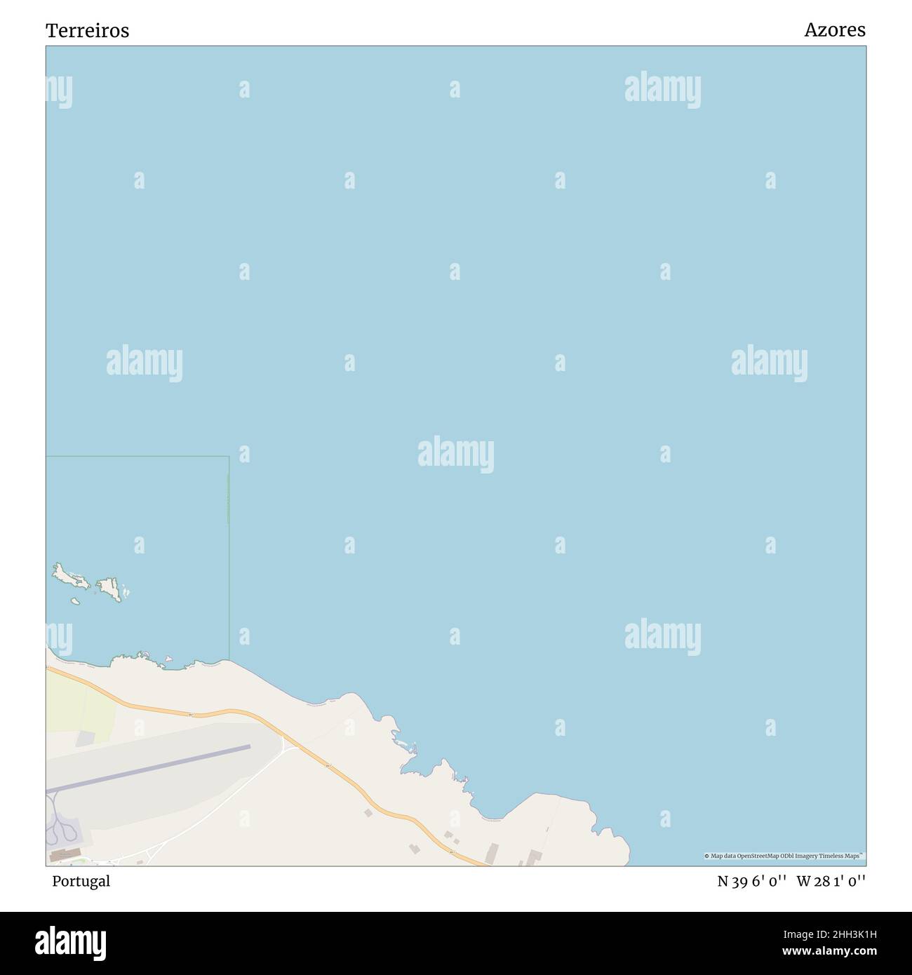 Terreiros, Portugal, Azores, N 39 6' 0'', W 28 1' 0'', map, Timeless Map published in 2021. Travelers, explorers and adventurers like Florence Nightingale, David Livingstone, Ernest Shackleton, Lewis and Clark and Sherlock Holmes relied on maps to plan travels to the world's most remote corners, Timeless Maps is mapping most locations on the globe, showing the achievement of great dreams Stock Photo