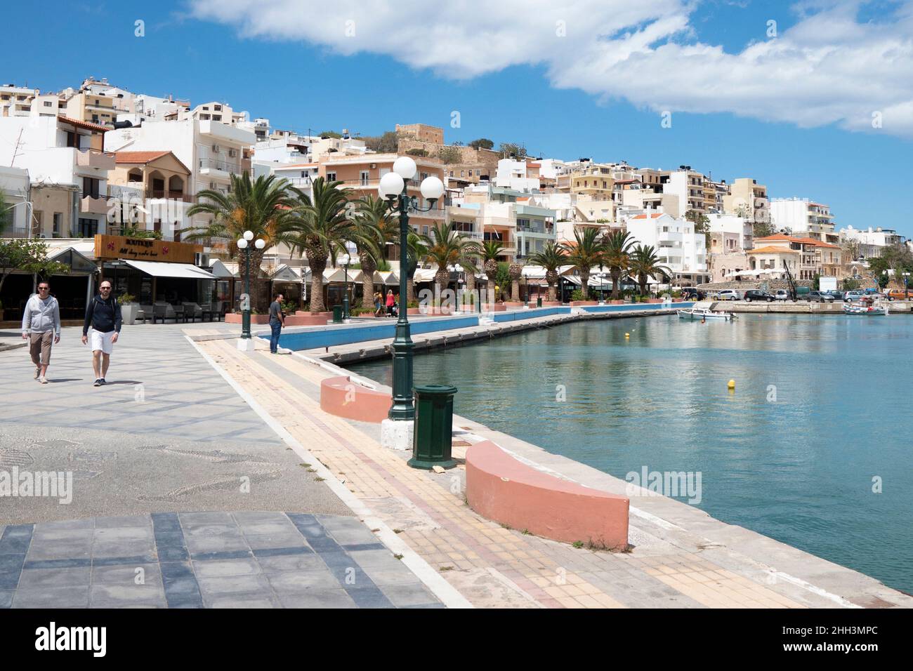 Sitia, Crete - Greece - May 4 2016  : View of the beautiful waterfront with cafes and bars lining the elegant promenade.Landscape aspect view. Stock Photo