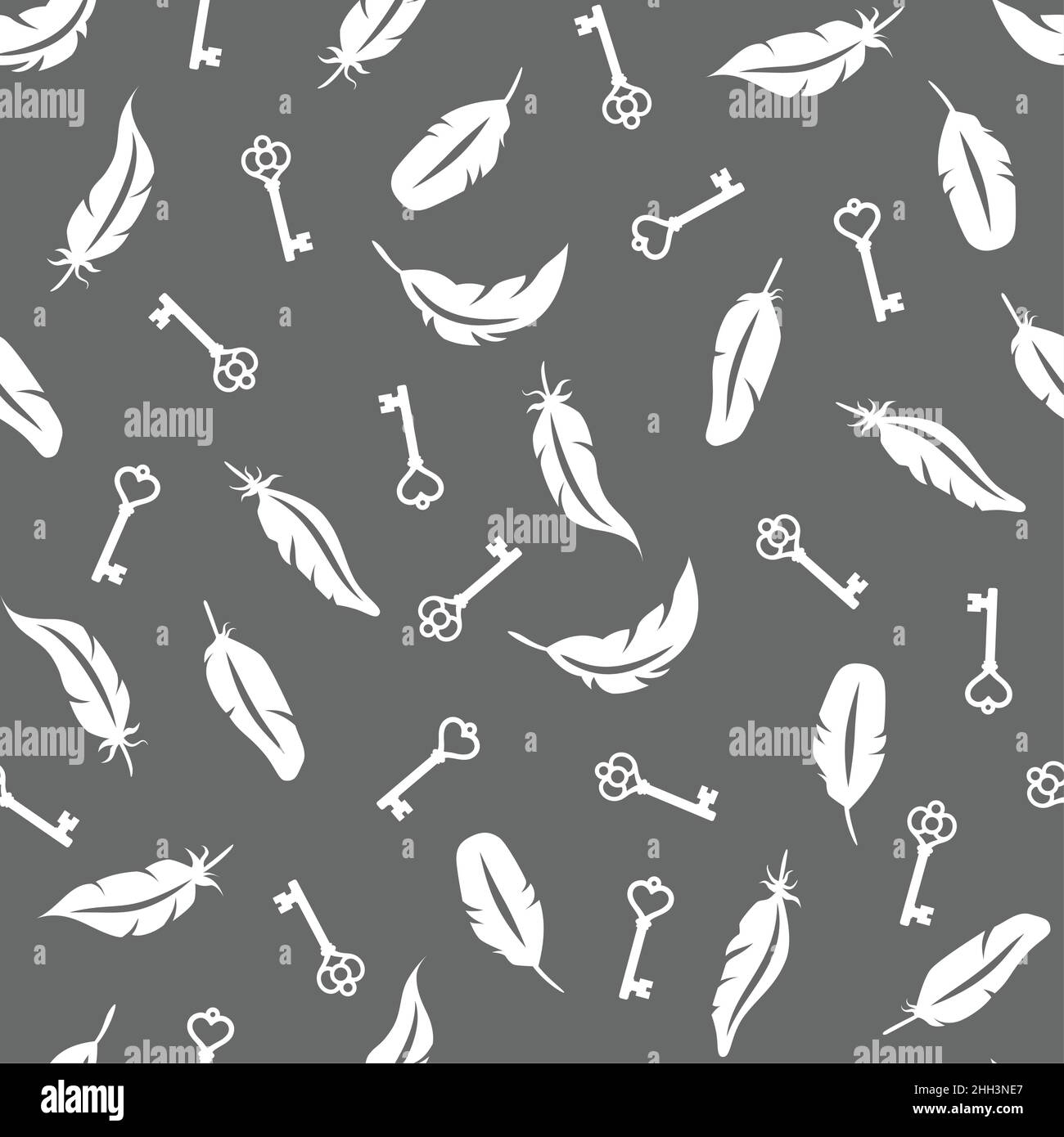 Bird feather and vintage key print design. Vector seamless pattern with keys and feathers. Stock Vector