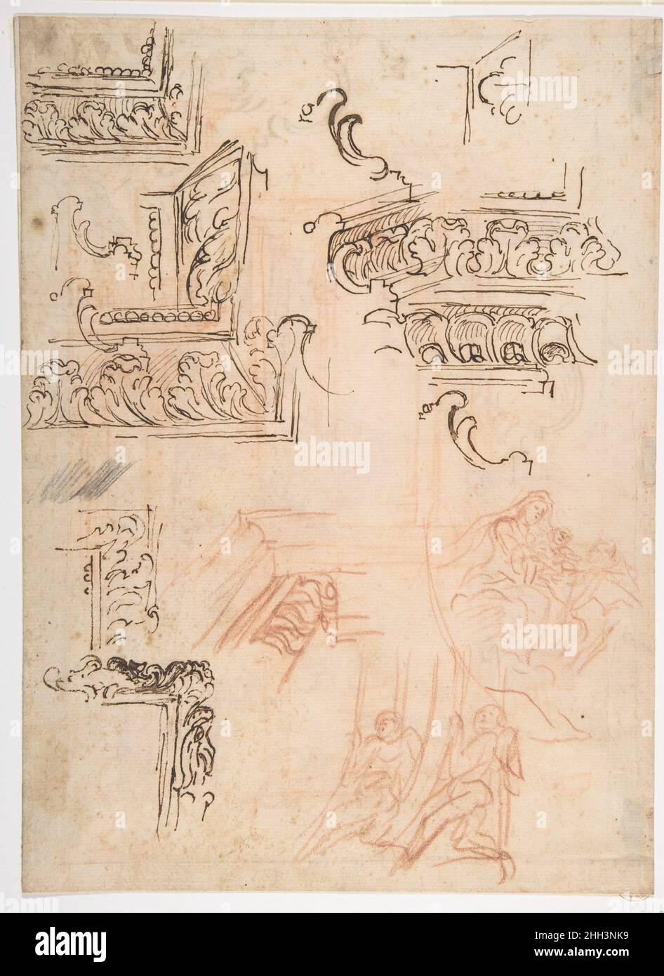 Studies of Architectural Moldings, of the Virgin and Child with a Kneeling Saint, and of Two Angels Supporting Frames (recto); Studies for Architectural Mouldings (verso) 1611–89 Baldassarre Franceschini (il Volterrano) Italian. Studies of Architectural Moldings, of the Virgin and Child with a Kneeling Saint, and of Two Angels Supporting Frames (recto); Studies for Architectural Mouldings (verso)  338749 Stock Photo