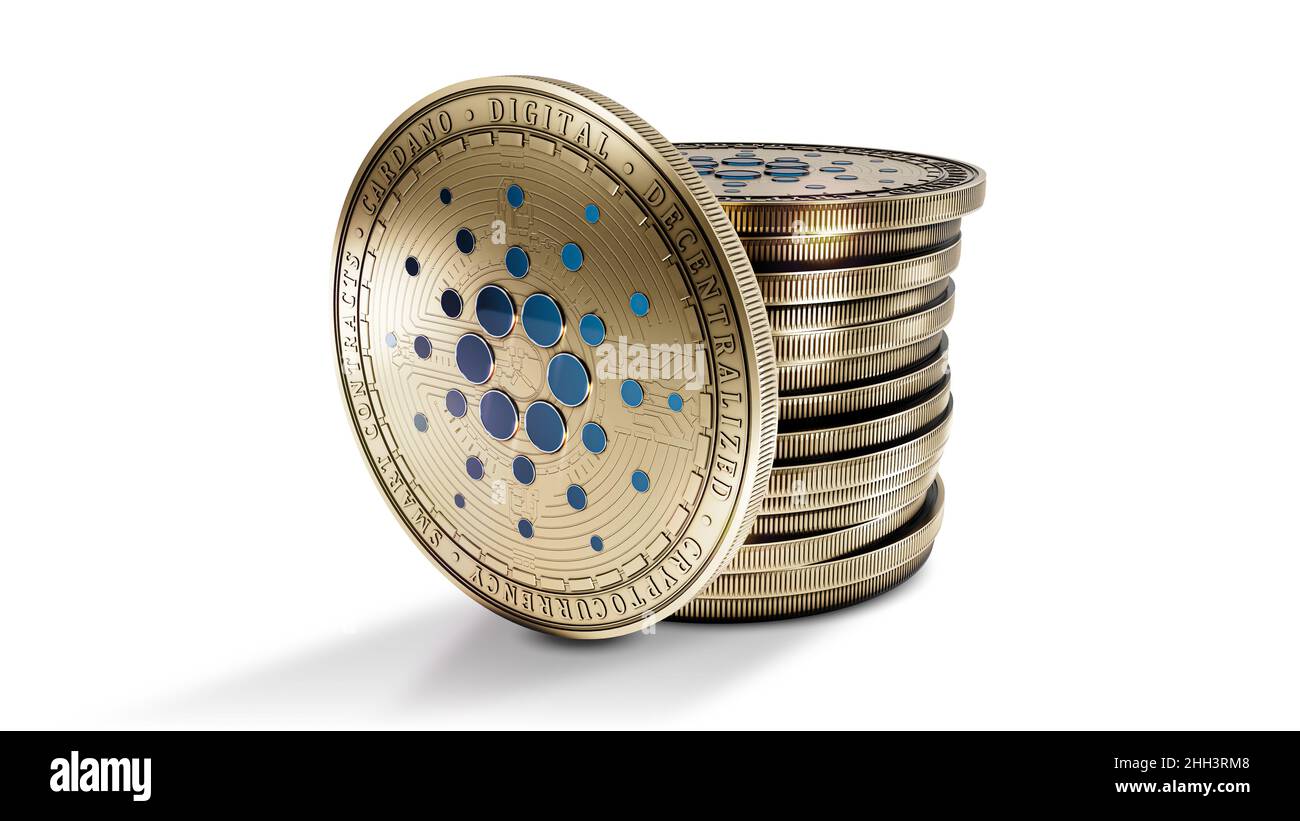 Cardano with group of coins isolated on the white background. Decentralized digital cryptocurrency symbol. 3D illustration. Stock Photo