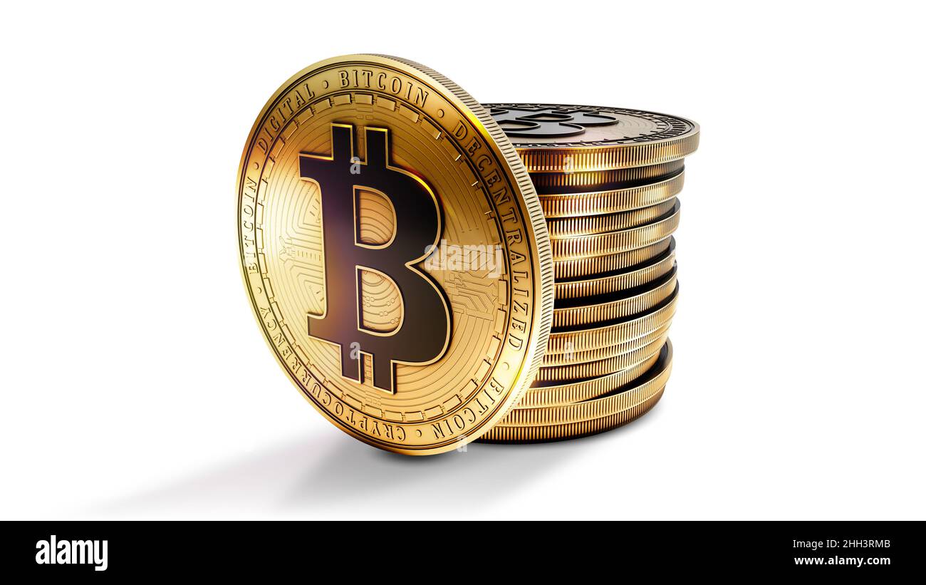 Bitcoin with group of coins isolated on the white background. Decentralized digital cryptocurrency symbol. 3D illustration. Stock Photo