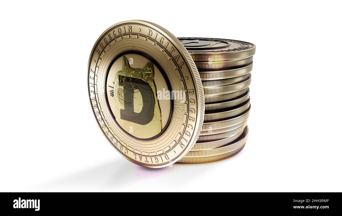 Dogecoin with group of coins isolated on the white background. Decentralized digital cryptocurrency symbol. 3D illustration. Stock Photo