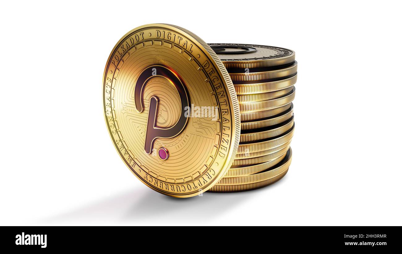 Polkadot with group of coins isolated on the white background. Decentralized digital cryptocurrency symbol. 3D illustration. Stock Photo
