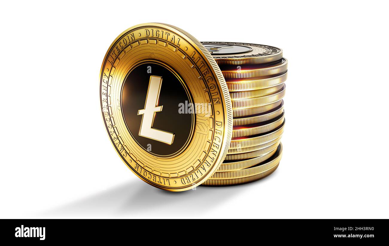 Litecoin with group of coins isolated on the white background. Decentralized digital cryptocurrency symbol. 3D illustration. Stock Photo