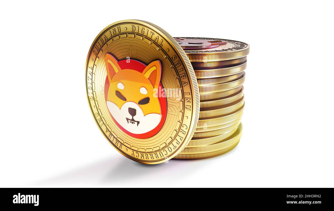 Shiba Inu with group of coins isolated on the white background. Decentralized digital cryptocurrency symbol. 3D illustration. Stock Photo