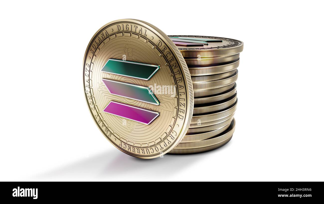 Solana with group of coins isolated on the white background. Decentralized digital cryptocurrency symbol. 3D illustration. Stock Photo