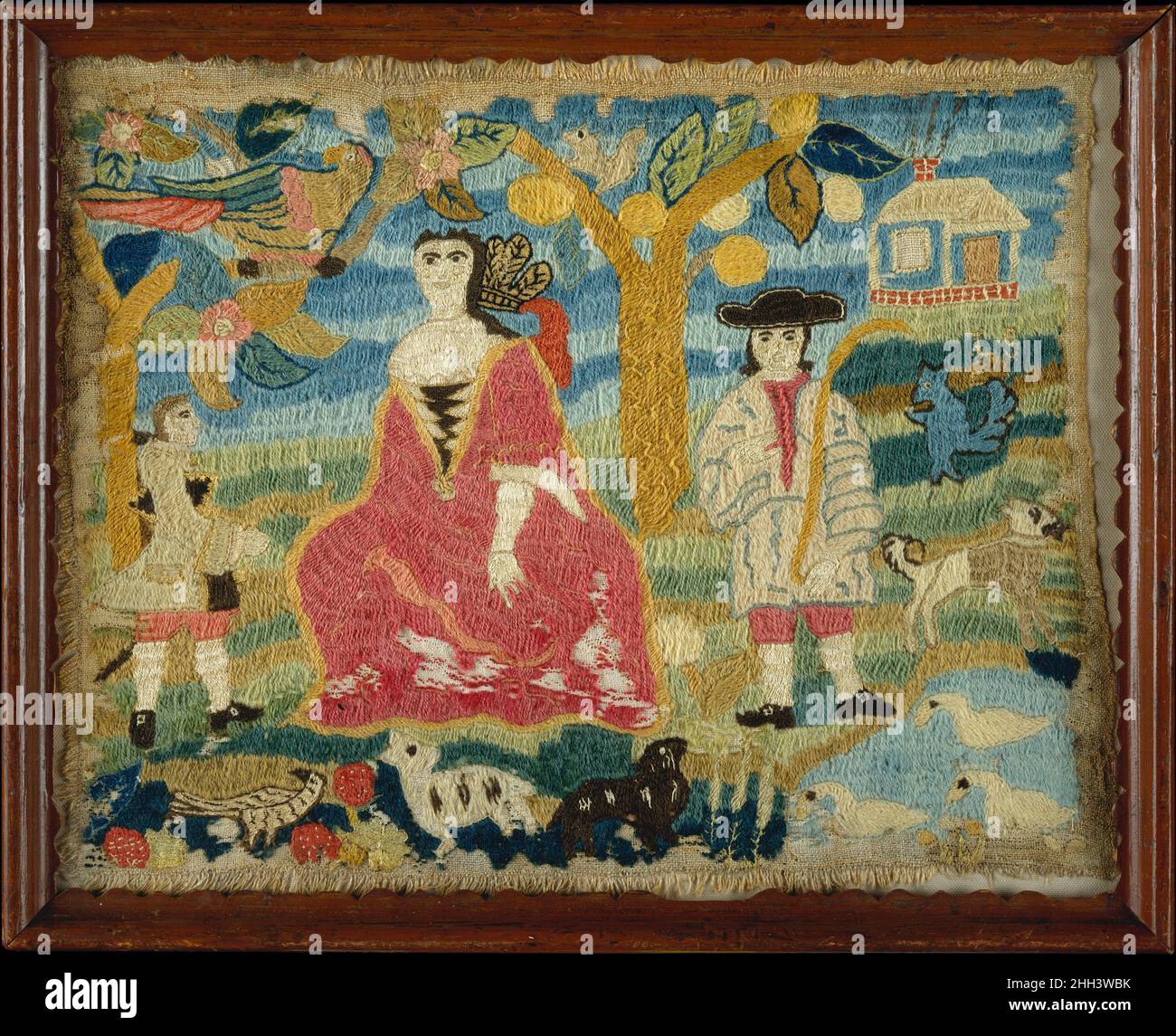 The Indian Princess ca. 1750 American This piece is one of five known versions of this design completed by young ladies at school in Boston. All feature the rather large upright shepherdess with her smaller shepherd suitor in a black hat to one side. The Museum’s shepherdess traditionally has been called the Indian Princess because of what appears to be a feathered headdress peeking out from behind her hair. In the eighteenth century an Indian princess was an understood symbol for the American colonies.. The Indian Princess  13750 Stock Photo