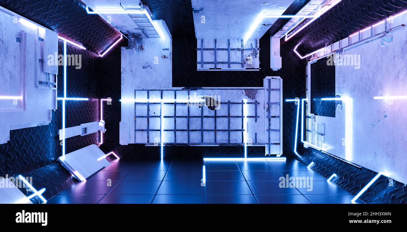 neon light industrial basement room with cyber punk design and neon blue and violet lights 3d