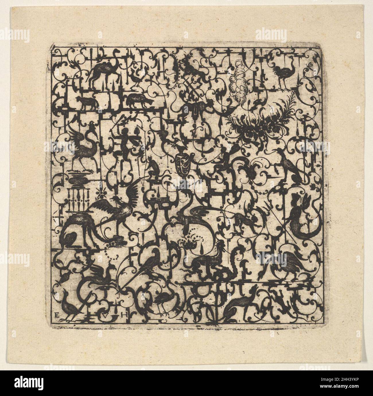 Square Blackwork Design in Silhouette Style with Schweifwerk and Grotesque Figures 1617 Esaias von Hulsen Dutch This sheet is part of a series of square grotesque designs by the goldsmith Esaias von Hulsen. The patterns he designed for this series are very complex compilations of animals, human figures and various different objects placed in a network of thin strips characterized by many C-Volutes, also known as Schweifwerk. Decorations such as these go back to Roman mural decorations, the most famous of which were to be found in the Domus Aurea in Rome. Renaissance and Baroque artists develop Stock Photo