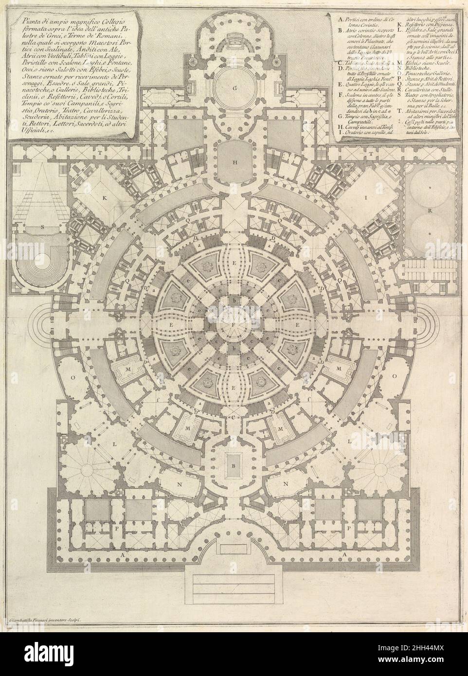 Plan of a spacious and magnificent College designed after the ancient gymnasia of the Greeks and the baths of the Romans..., from Opere Varie di Architettura, prospettive, grotteschi, antichità; inventate, ed incise da Giambattista Piranesi Architetto Veneziano (Various Works of Architecture, perspectives, grotesques and antiquities; designed and etched by Giambattista Piranesi, Venetian Architect) 1750 Giovanni Battista Piranesi Italian. Plan of a spacious and magnificent College designed after the ancient gymnasia of the Greeks and the baths of the Romans..., from Opere Varie di Architettura Stock Photo