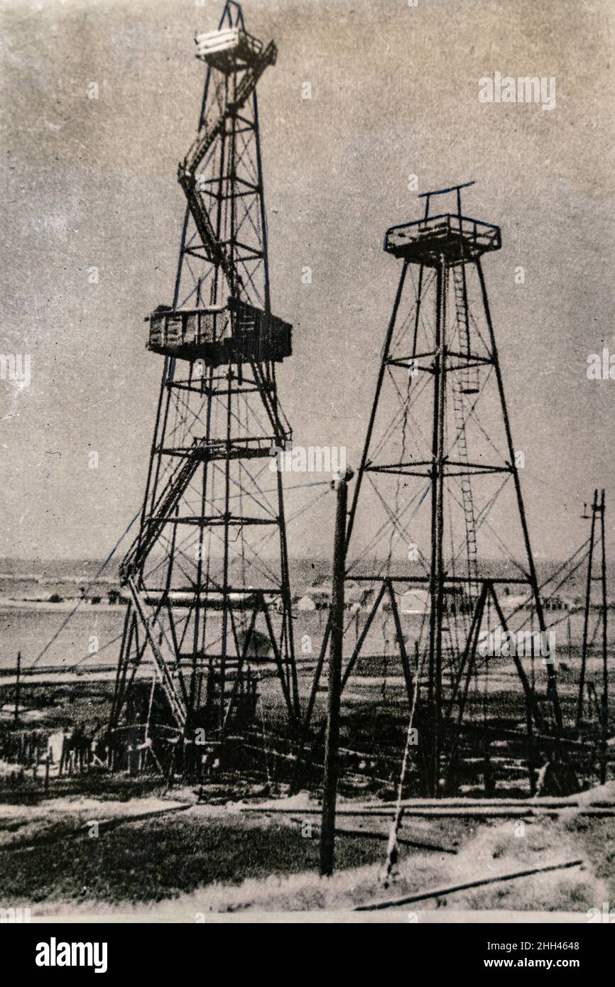 Russia Baku - CIRCA 1920s: Historical Edwardian photo of Oil fields. Industrial oil extraction. Stock Photo
