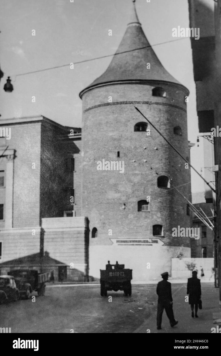 Latvia - CIRCA 1930 -1940s: Vintage archive photo of Old Riga city. Medieval Powder Tower (Latvian: Pulvertornis) at the end of the Valnu street Stock Photo