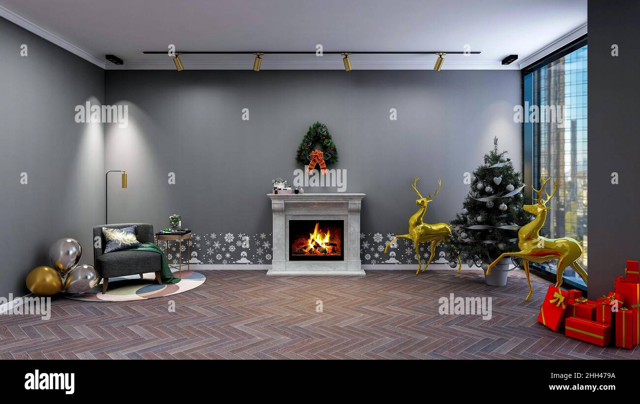 Living room Christmas interior, room decoration in Christmas theme with fireplace and Christmas tree, 3d rendering Stock Photo