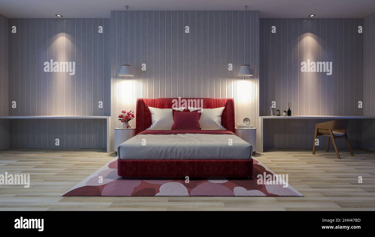 White modern bedroom interior with red bed and carpet in Valentine theme color , 3D Rendering Stock Photo