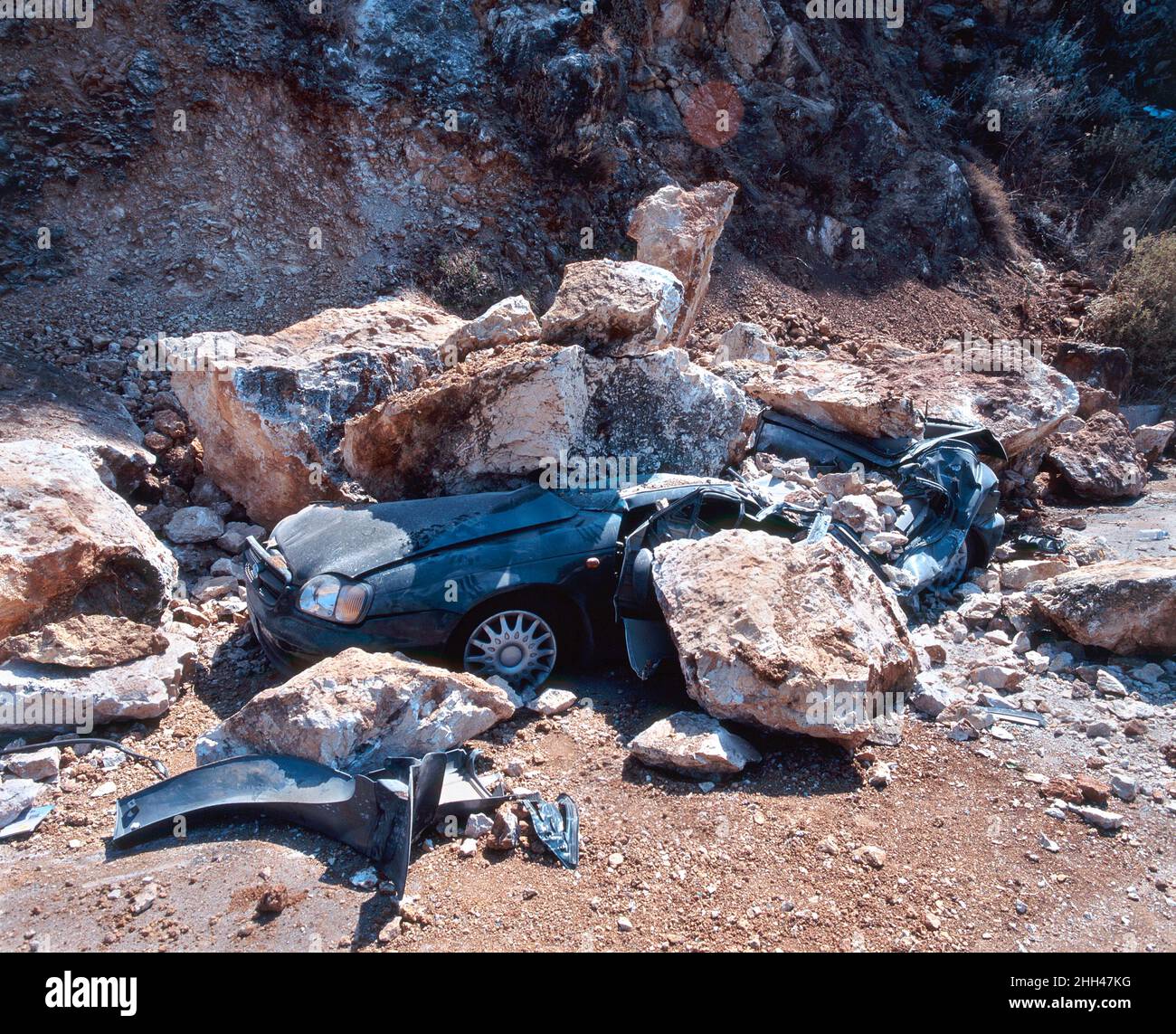 Car crushed in earthquake damage 5.6 magnitude, Lefkas, Ionian islands, Greece Stock Photo