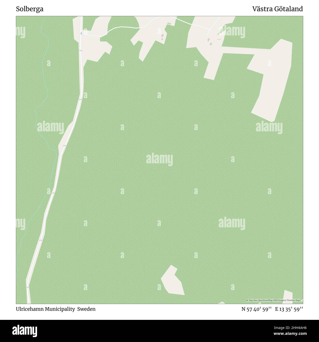 Solberga, Ulricehamn Municipality, Sweden, Västra Götaland, N 57 40' 59'', E 13 35' 59'', map, Timeless Map published in 2021. Travelers, explorers and adventurers like Florence Nightingale, David Livingstone, Ernest Shackleton, Lewis and Clark and Sherlock Holmes relied on maps to plan travels to the world's most remote corners, Timeless Maps is mapping most locations on the globe, showing the achievement of great dreams. Stock Photo