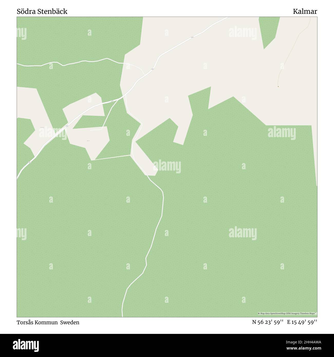 Södra Stenbäck, Torsås Kommun, Sweden, Kalmar, N 56 23' 59'', E 15 49' 59'', map, Timeless Map published in 2021. Travelers, explorers and adventurers like Florence Nightingale, David Livingstone, Ernest Shackleton, Lewis and Clark and Sherlock Holmes relied on maps to plan travels to the world's most remote corners, Timeless Maps is mapping most locations on the globe, showing the achievement of great dreams. Stock Photo