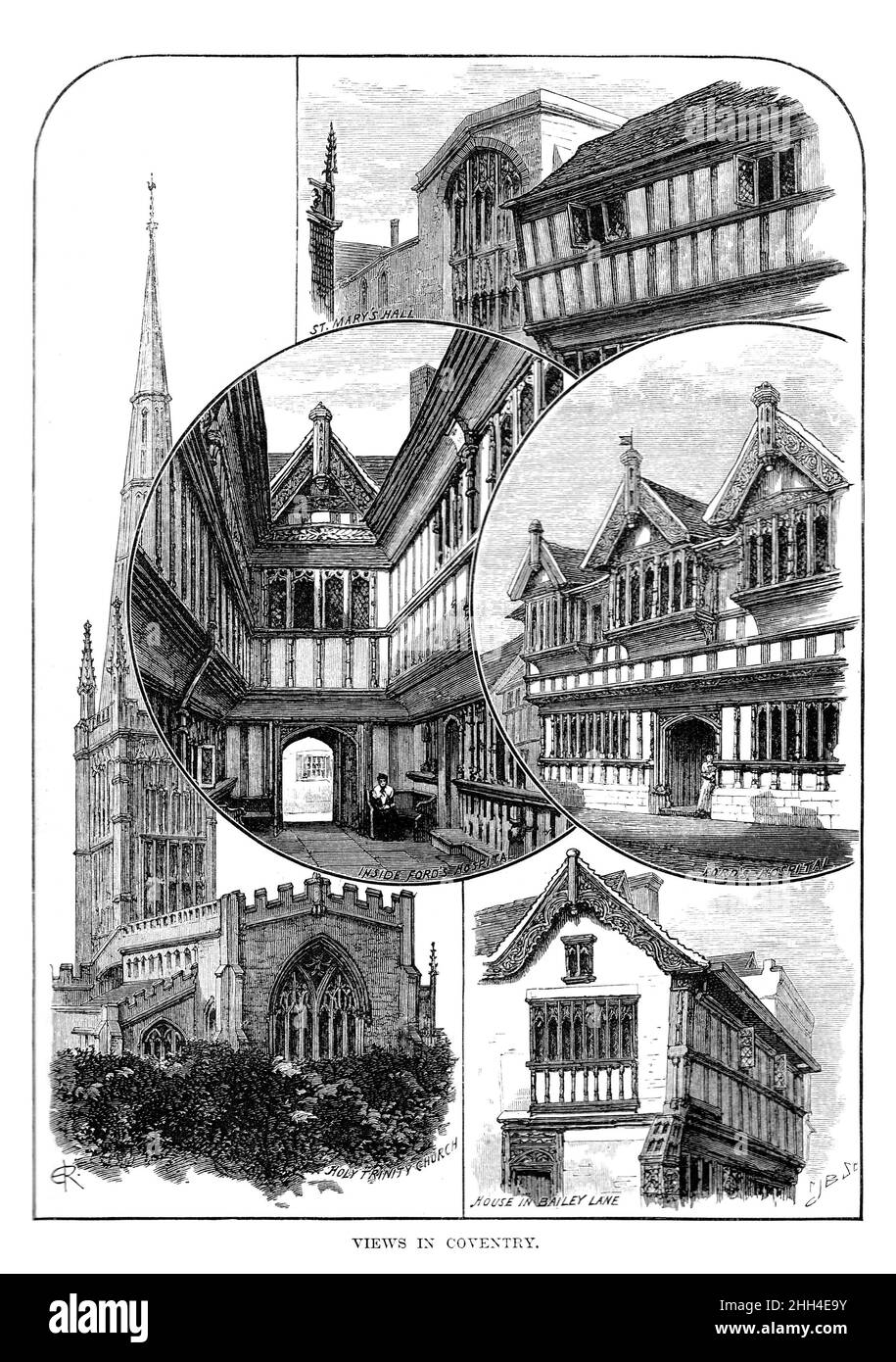 Black and White Illustration; Views in Coventry; circa 1880; Ford's Hospital, House in Bailey Lane, Holy Trinity Church & St Mary's Hall Stock Photo