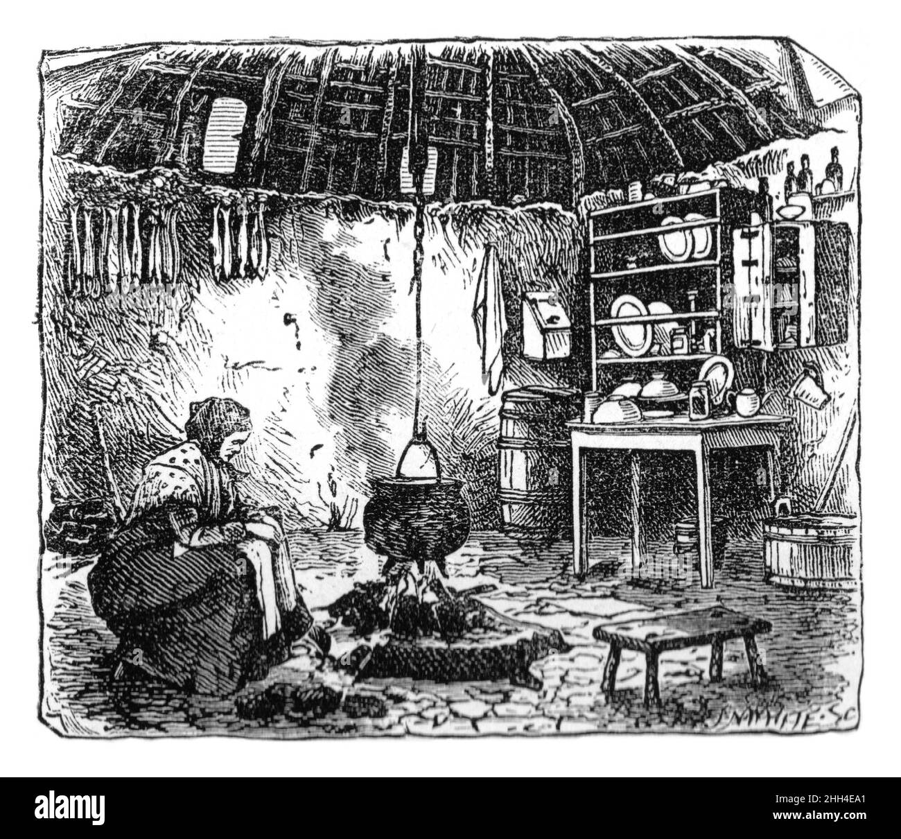 Black and White Illustration; Inside a Peasants Hut int he 19th century, Isle of Skye, Scotland Stock Photo