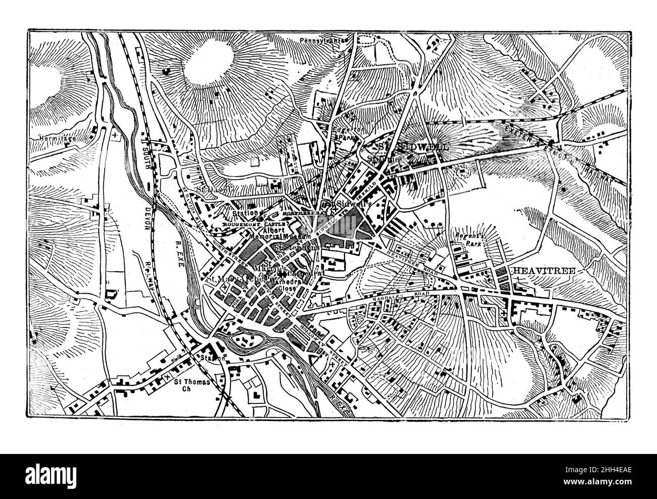 Black and White Illustration; Map of Exeter in the 19th century; circa 1880 Stock Photo