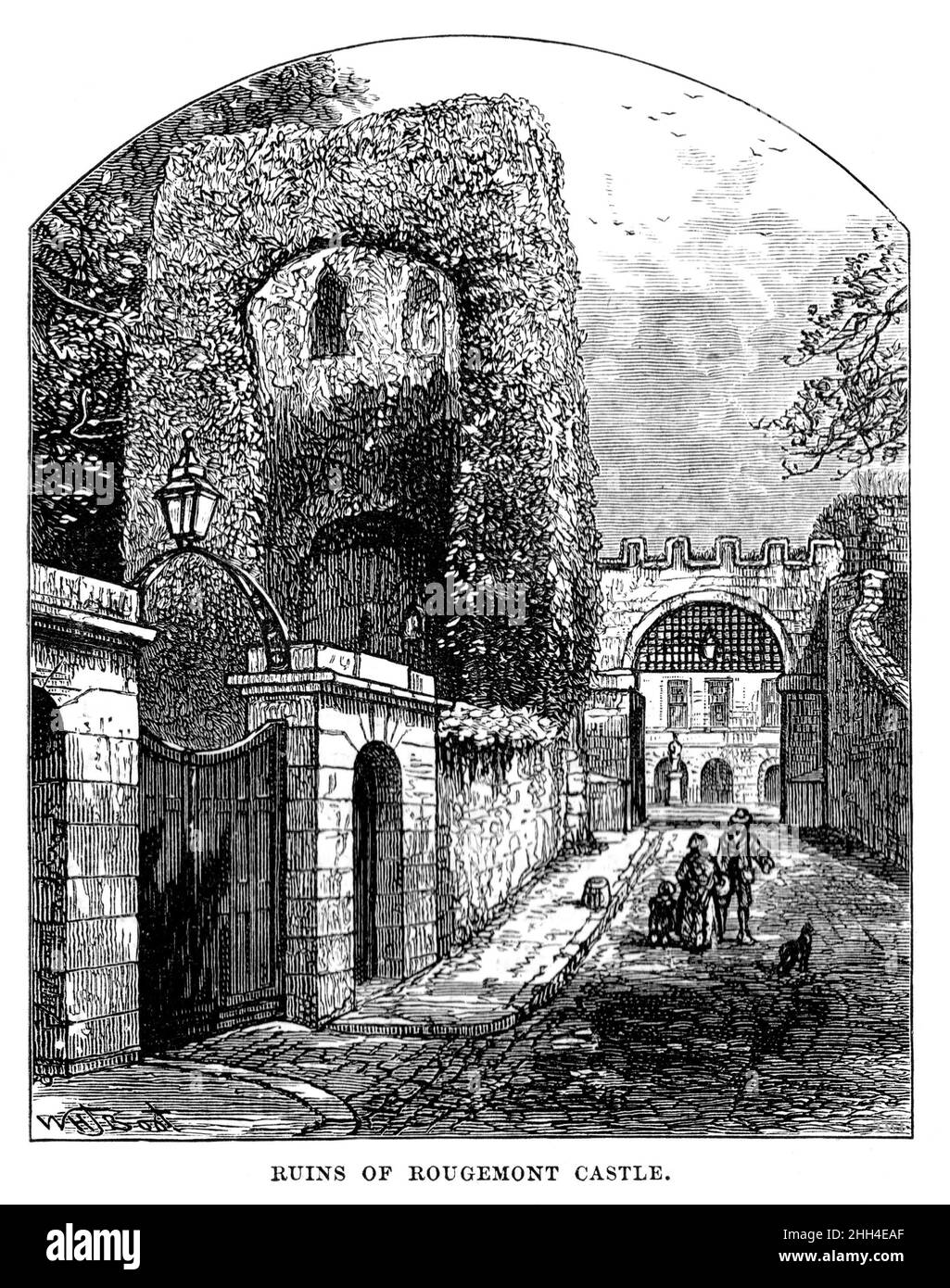 Black and White Illustration; Ruins of Rougemont Castle; The Norman Gatehouse, Exeter, Devon, circa 1880 Stock Photo