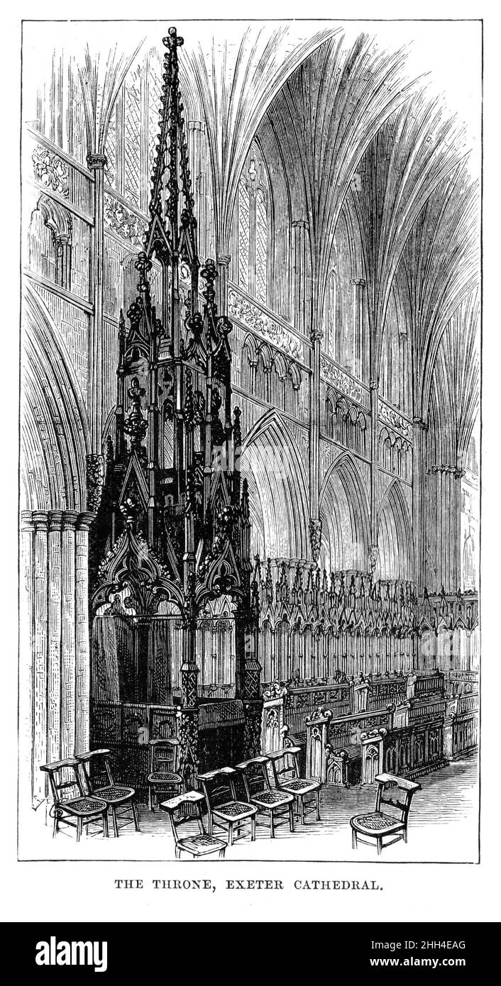 Black and White Illustration; The 14th Century Bishop's Throne, Exeter Cathedral, in the 19th century; circa 1880. Stock Photo
