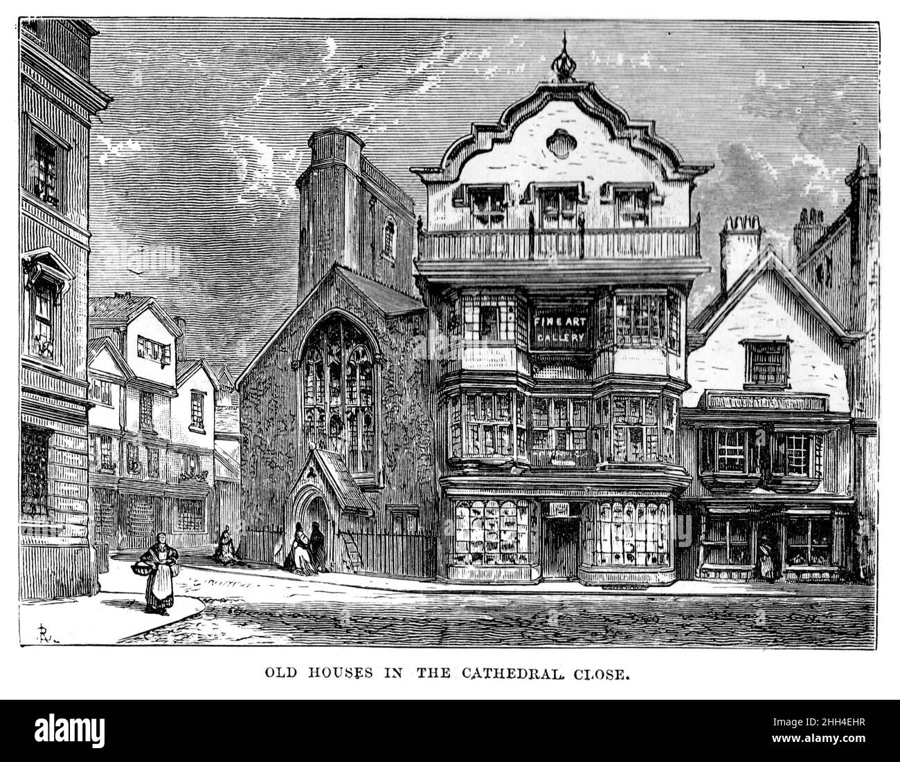 Black and White Illustration; Old Houses & St Martin's Church, in the Cathedral Close, Exeter, Devon, in the 19th century; circa 1880 Stock Photo