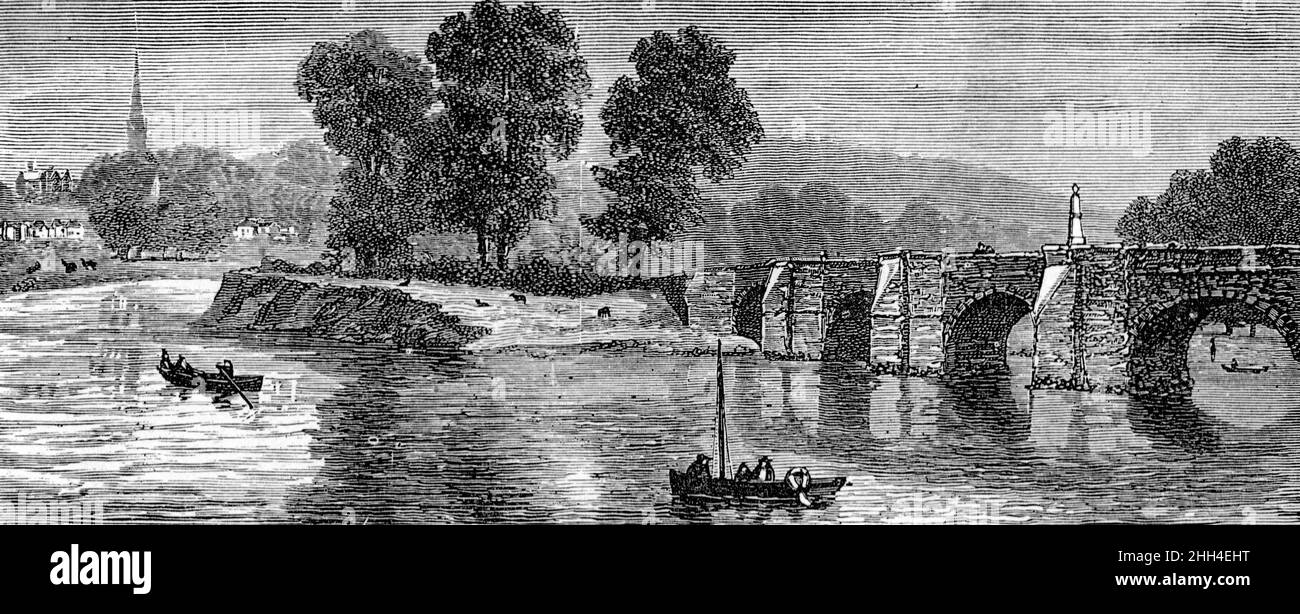 Black and White Illustration; Wilton Bridge over the River Wye at Ross-on-Wye, Herefordshire in the 19th century; circa 1880 Stock Photo