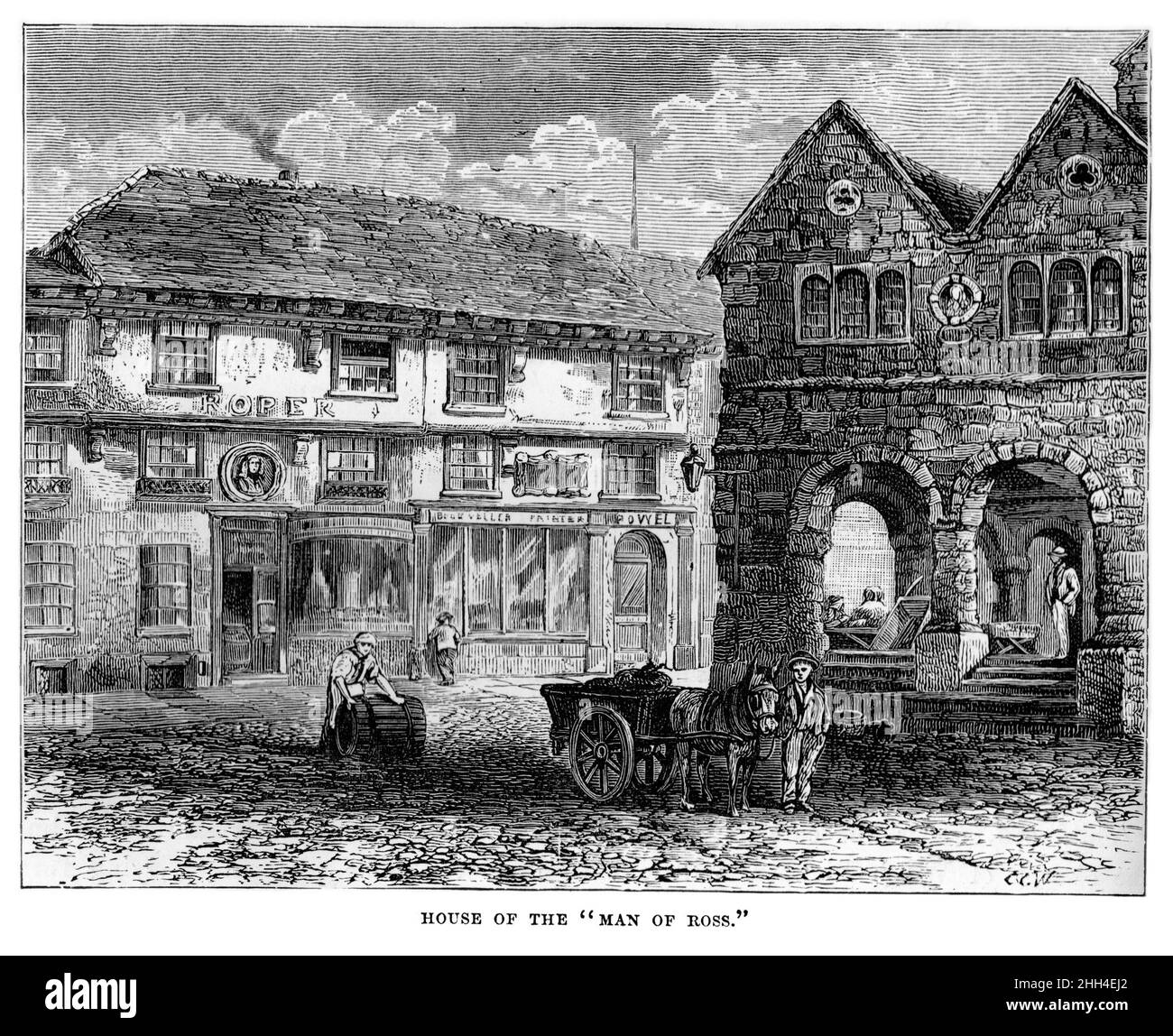 Black and White Illustration; John Kyrle's (aka The Man of Ross) House, Ross-on-Wye, Herefordshire, in the 19th century Stock Photo