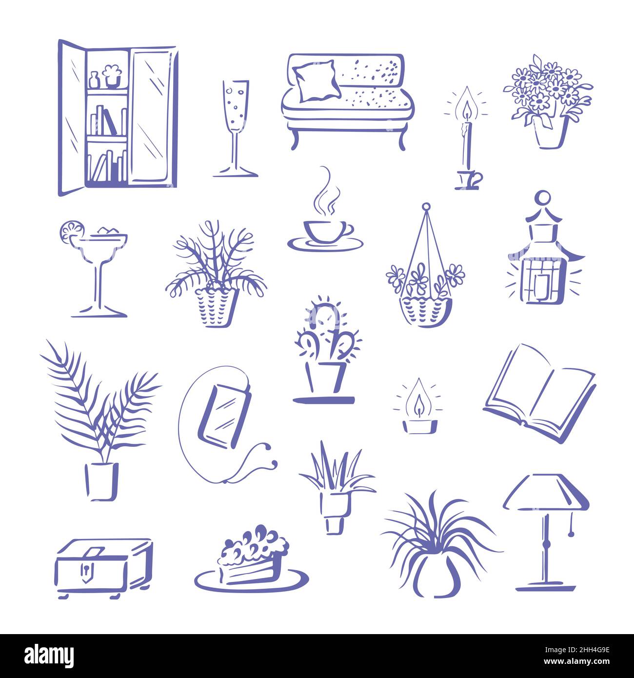 Home hygge, relax mood. Hand-drawn brush doodles of couch or sofa, house plants, book and tablet with earbuds, tealight and candle, cake or pie etc Stock Vector