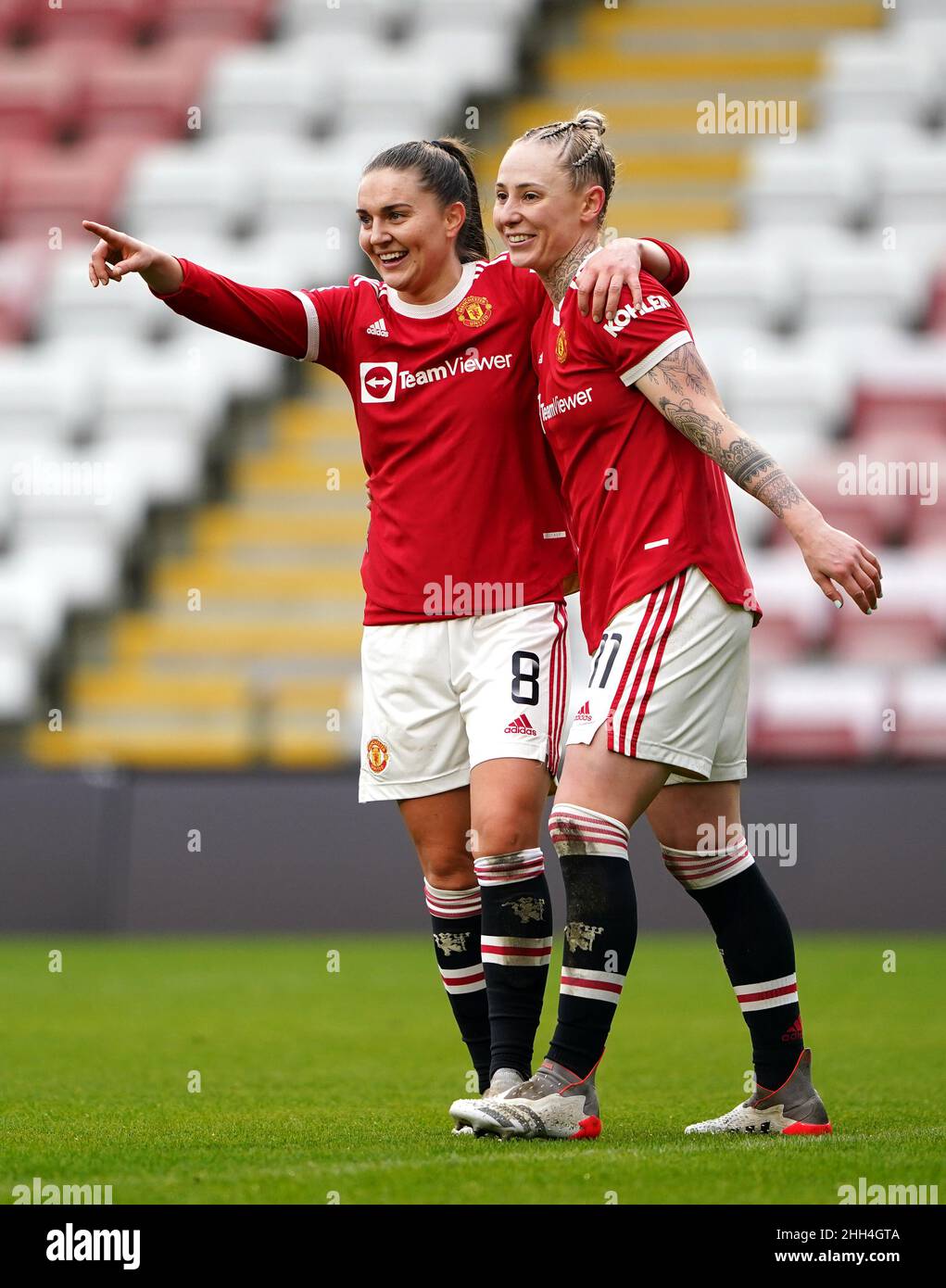Manchester United's Leah Galton (right) celebrates scoring their side's third goal of the game with team-mate Vilde Boe Risa during the Barclays FA Women's Super League match at Leigh Sports Village, Greater Manchester. Picture date: Sunday January 23, 2022. Stock Photo
