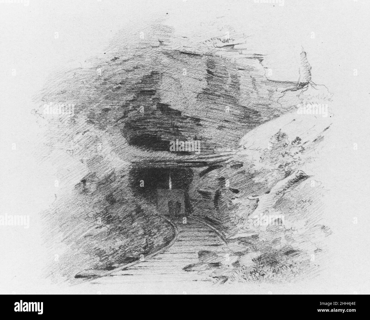 Entrance to a Coal Mine in the Valley of Wyoming, Pennsylvania (Entrance to a Coal Mine, Susquehanna) 1852 Thomas Addison Richards This is one of two drawings (see also 1974.197.4) Richards executed as designs for wood-engraved illustrations to accompany an article he wrote for “Harper’s New Monthly Magazine,” published in October 1853. Like John Hazelhurst Latrobe, who had visited the area earlier, Richards made scenic views of the Susquehanna River region, but here he depicted mining activity in the coal-rich Wyoming Valley of the Susquehanna. The glowing lights in the two drawings are proba Stock Photo