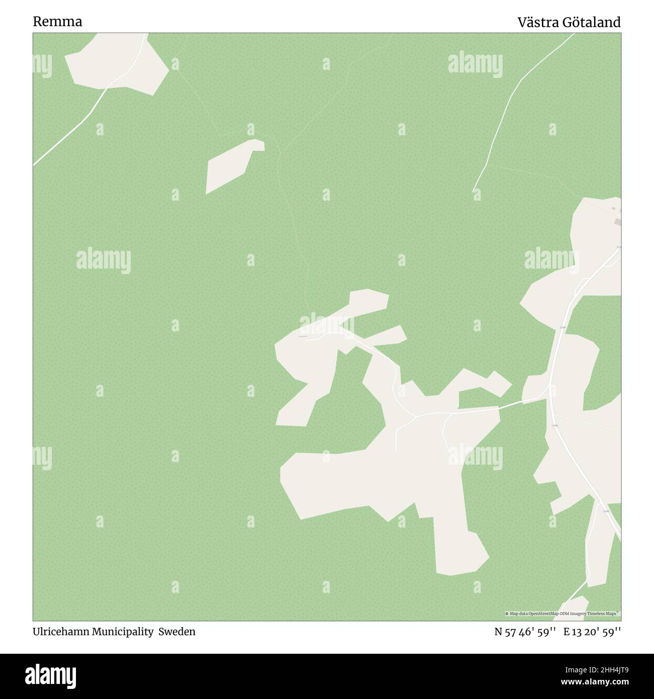 Remma, Ulricehamn Municipality, Sweden, Västra Götaland, N 57 46' 59'', E 13 20' 59'', map, Timeless Map published in 2021. Travelers, explorers and adventurers like Florence Nightingale, David Livingstone, Ernest Shackleton, Lewis and Clark and Sherlock Holmes relied on maps to plan travels to the world's most remote corners, Timeless Maps is mapping most locations on the globe, showing the achievement of great dreams. Stock Photo