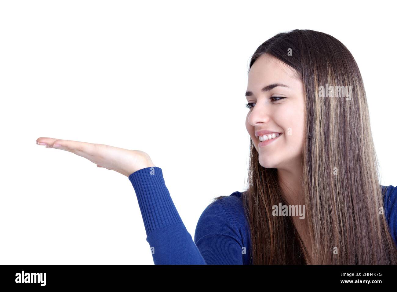 young girl pointing her finger showing direction Stock Photo