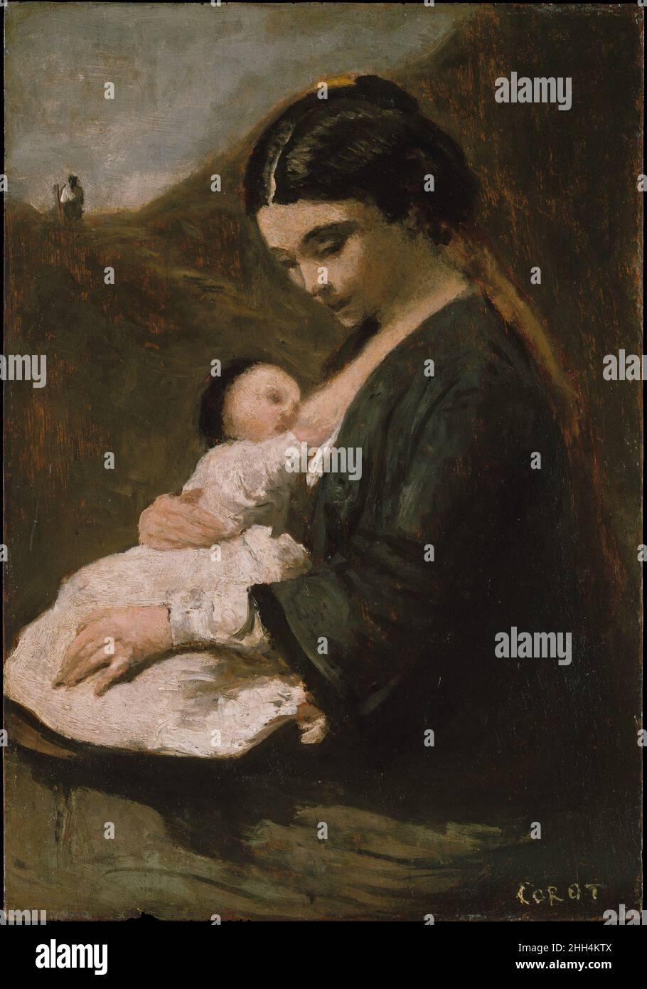 Mother and Child probably 1860s Camille Corot French This small panel, probably done in the 1860s, was evidently well known and admired in Corot's circle of friends. Both Constant Dutilleux (1807–1865) and Charles Desavary (1837–1885), two painters living in Arras, a town in northern France that Corot often visited, copied the painting. About 1873 Corot gave it to his patron Cléophas, who had provided him with a supplementary studio where he could work undisturbed.. Mother and Child  435977 Stock Photo
