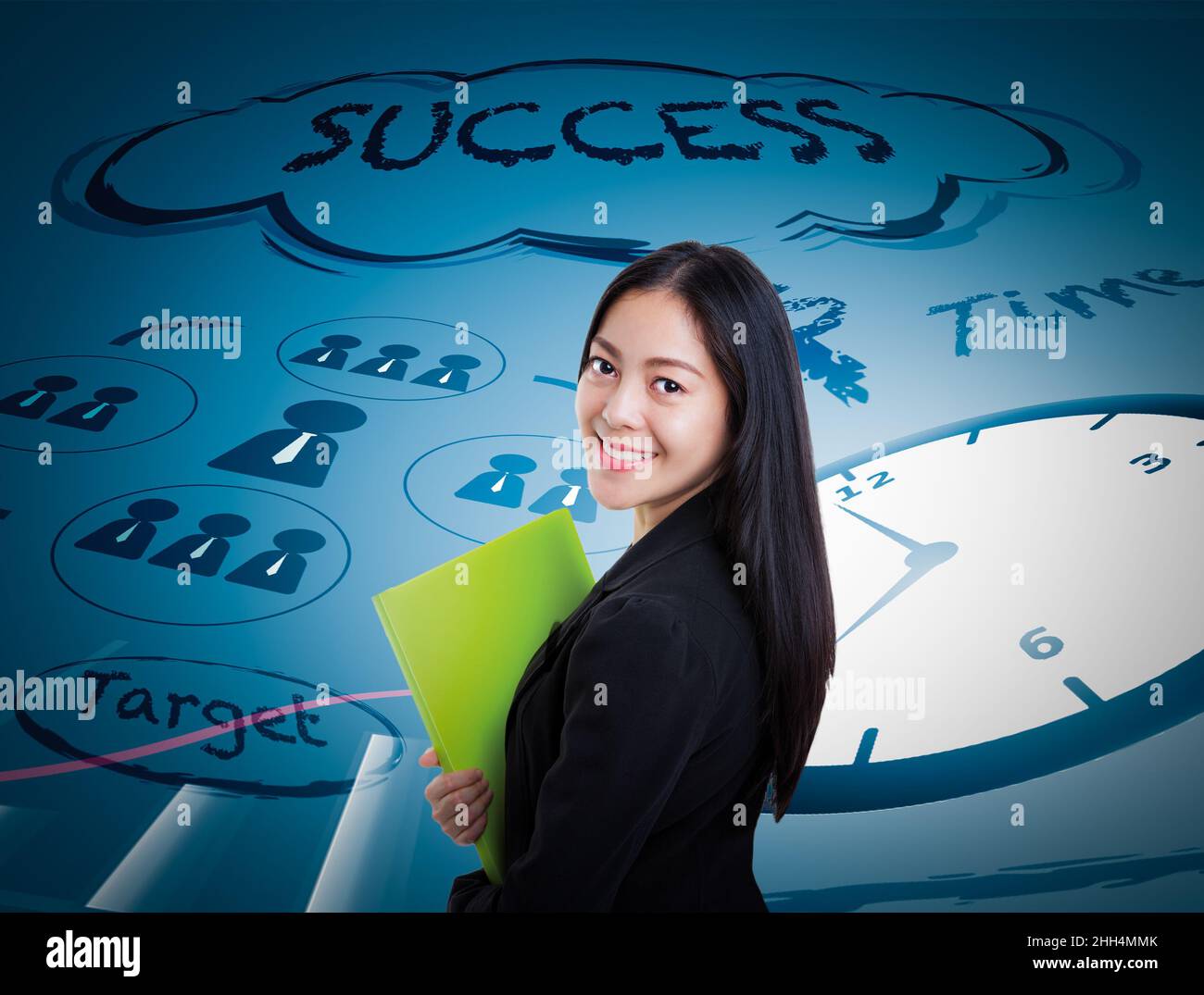 Asian attractive professional female smiling and holding green document ...