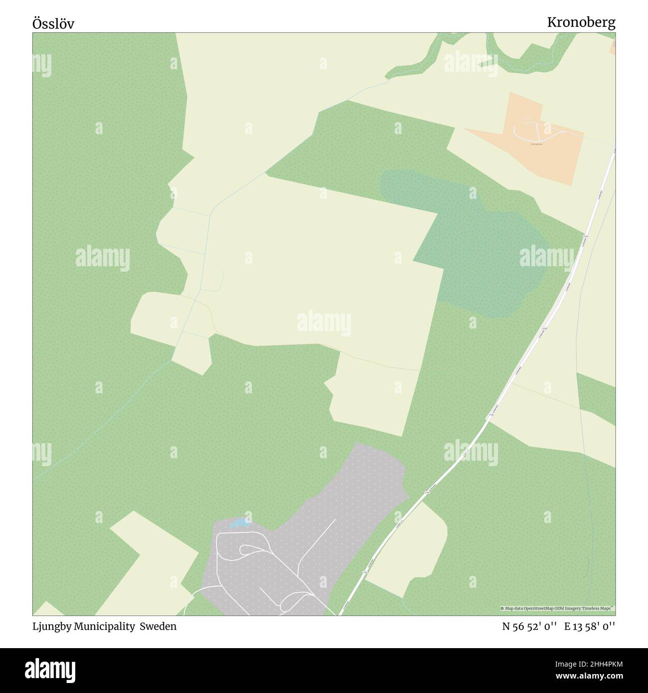 Össlöv, Ljungby Municipality, Sweden, Kronoberg, N 56 52' 0'', E 13 58' 0'', map, Timeless Map published in 2021. Travelers, explorers and adventurers like Florence Nightingale, David Livingstone, Ernest Shackleton, Lewis and Clark and Sherlock Holmes relied on maps to plan travels to the world's most remote corners, Timeless Maps is mapping most locations on the globe, showing the achievement of great dreams. Stock Photo