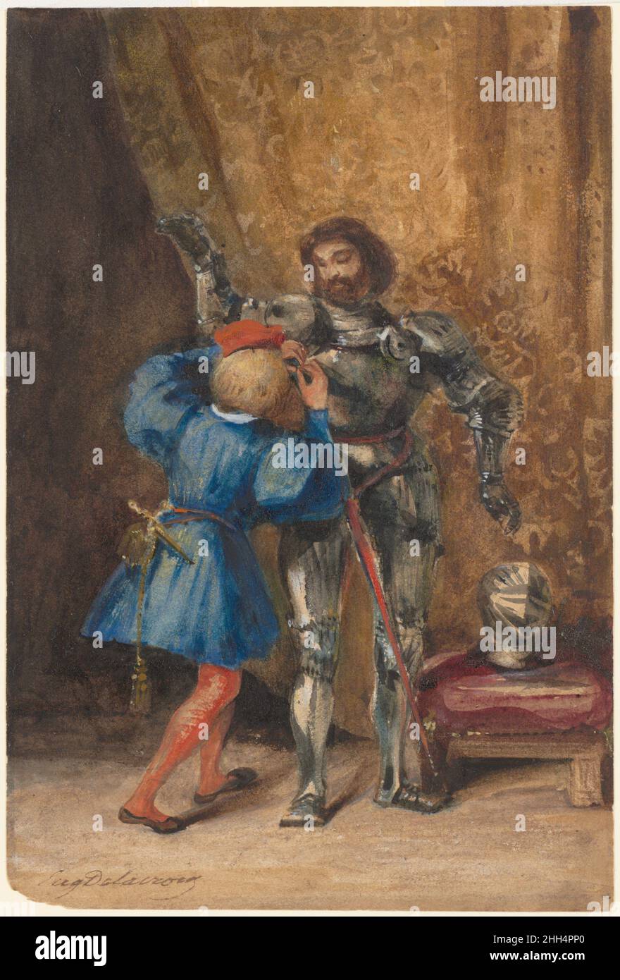 Goetz von Berlichingen Being Dressed in Armor by His Page George 1826–27 Eugène Delacroix French Delacroix made highly finished watercolors such as this one for exhibition and sale beginning in the 1820s. A depiction of the title character from Goethe’s drama 'Goetz von Berlichingen,' it demonstrates the artist’s dexterity in the medium, integrating opaque and transparent color with various types of brushwork. In rich jewel tones befitting the medieval setting, he skillfully described the texture of the brocade curtain and the glint of the armor, its specificity no doubt a product of his studi Stock Photo