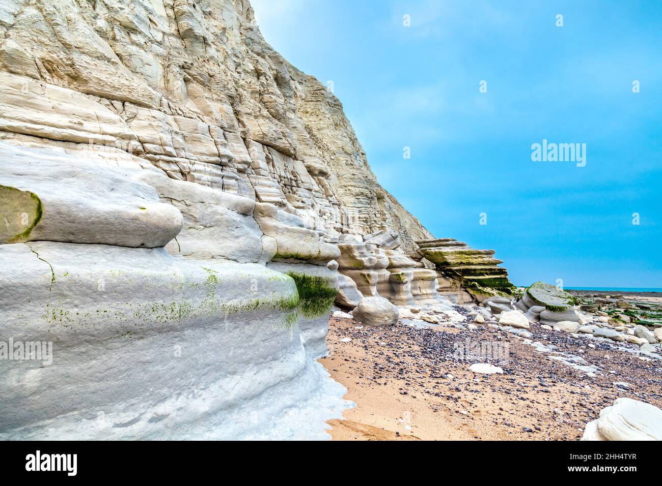 Chalk cliff face formed in the Late Cretaceous epoch at Beachy Head, Cow Gap, Eastbourne, UK