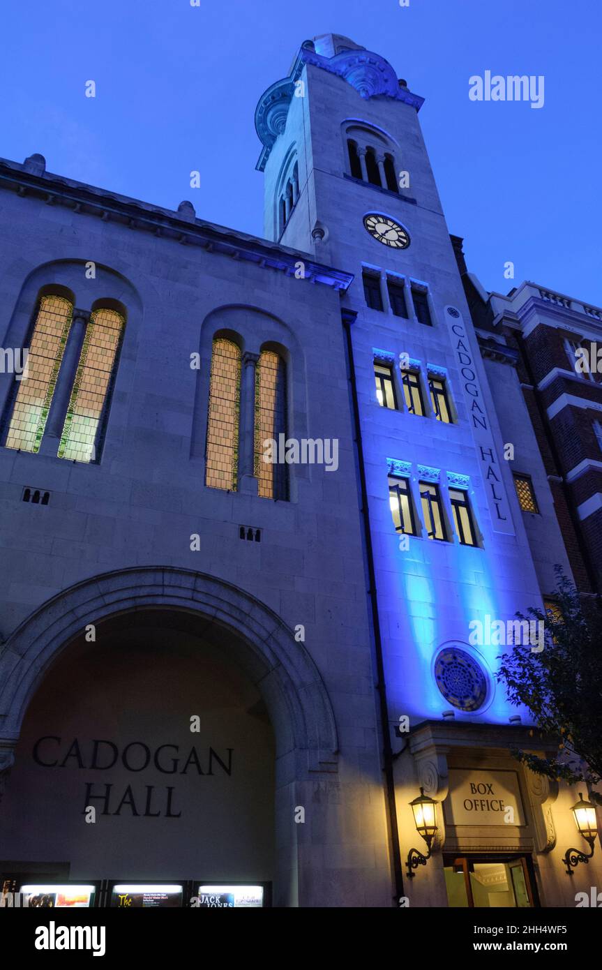 Night time exterior view of Cadogan Hall a 950-seat concert hall in Sloane Terrace in Chelsea.  Cadogan Hall is the permanent home for the Royal Philh Stock Photo