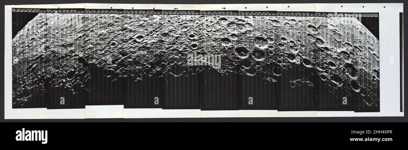 Lunar Panorama #158 1967 National Aeronautics and Space Administration (NASA) NASA's Lunar Orbiter program of 1966-67 was the agency's final and most successful photographic project before the crewed lunar landings of the Apollo program. Over the course of one year, five probes systematically photographed 99 percent of the lunar surface. The Orbiters investigated potential landing site, revealing features as small as one foot in diameter. The program used a film-based robotic imaging system designed by the Eastman Kodak Company. The images were captured on 70 mm film with a dual-lens camera, c Stock Photo
