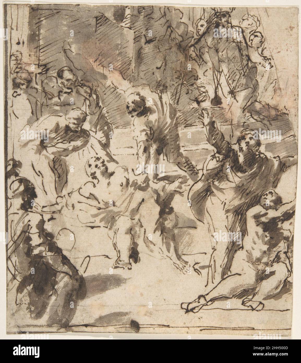 The Martyrdom of the Apostle Thomas 1638–1646 Giovanni Lanfranco Italian An excellent example of Lanfranco's Neapolitan manner with pen and ink, this study is preparatory for a fresco of the Martyrdom of Saint Matthias, at the right of a window in the inner façade of the church of Santi Apostoli, Naples. Between 1638 and 1646 Lanfranco frescoed the interior of this church with scenes of the Apostles' deaths by martyrdom. Other studies for the same compositions are now in the Museo di Capodimonte (Naples), Royal Collections at Windsor Castle, and the Gabinetto Disegni e Stampe degli Uffizi (Flo Stock Photo