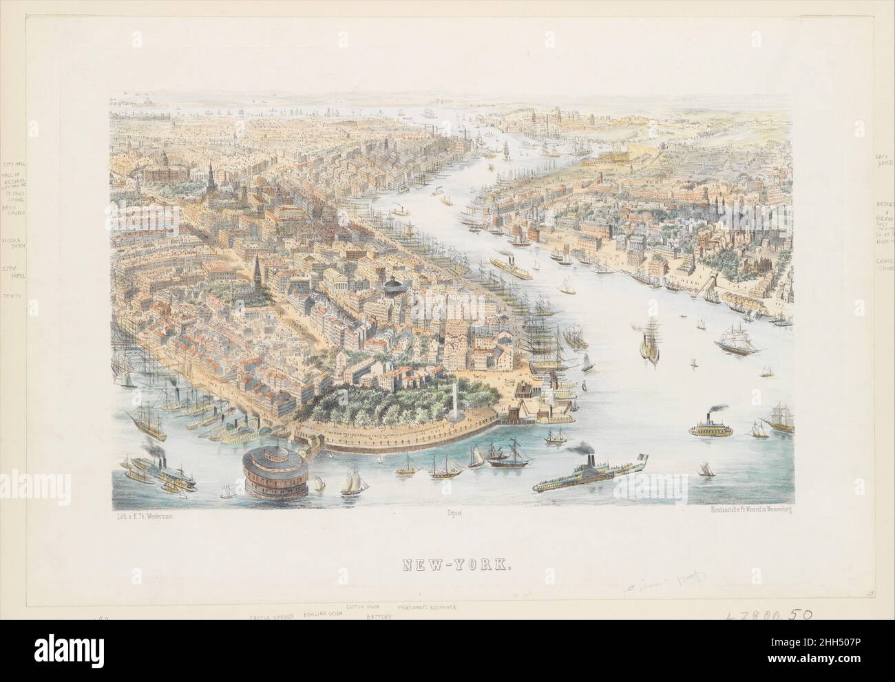New-York (From the Southwest) ca. 1852 Lithographed by K. Th. Westermann German. New-York (From the Southwest)  380838 Lithographer: Lithographed by K. Th. Westermann, German, active 1852, Publisher: Franz Wentzel, German , Weissenburg, New-York (From the Southwest), ca. 1852, Hand-colored lithograph, image: 8 7/8 x 14 9/16 in. (22.6 x 37.1 cm) sheet: 12 9/16 x 18 1/8 in. (32 x 46.1 cm). The Metropolitan Museum of Art, New York. The Edward W. C. Arnold Collection of New York Prints, Maps and Pictures, Bequest of Edward W. C. Arnold, 1954 (54.90.769) Stock Photo
