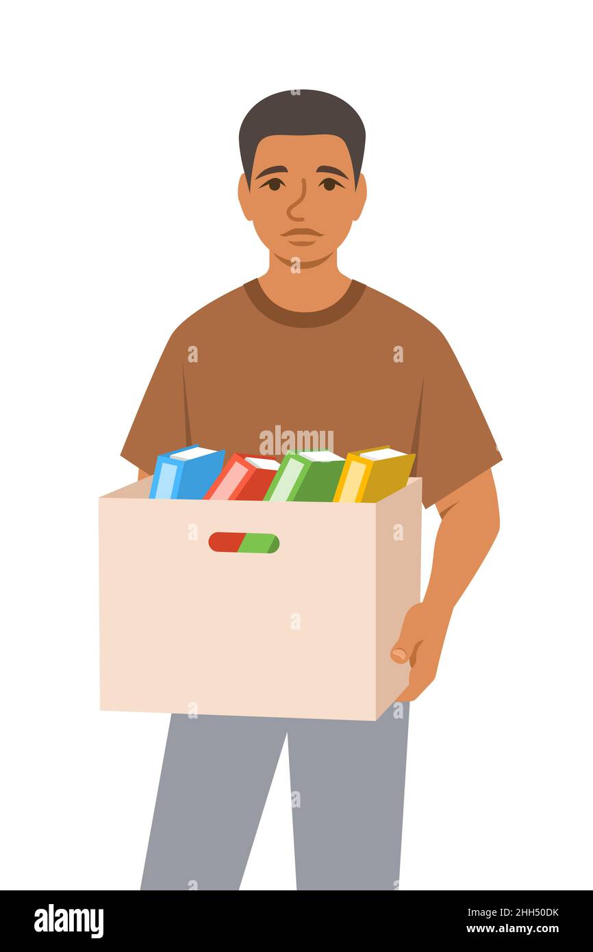 Unemployed fired young man. Sad jobless boy holds box with personal stuff. Unhappy upset face worried about job loss. Youth unemployment during the ec Stock Vector