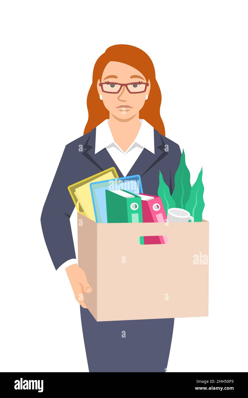 Unemployed fired young woman. Sad jobless female office worker holds box with personal stuff. Unhappy upset face worried about job loss. Unemployment Stock Vector