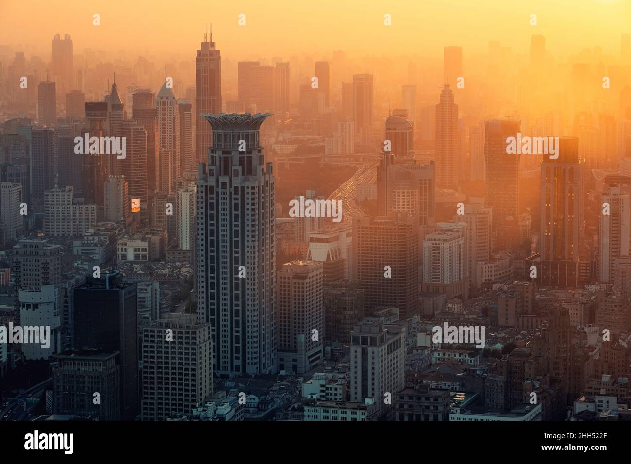 The skyline of urban architectural landscape in the Bund at sunset, Shanghai, China Stock Photo